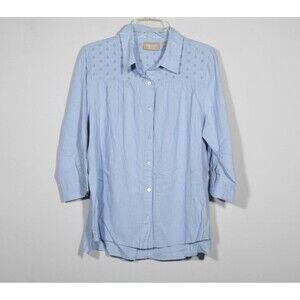 Denim & Co Naturals Blue Linen Blend Eyelet Yoke Button Up Shirt Size M